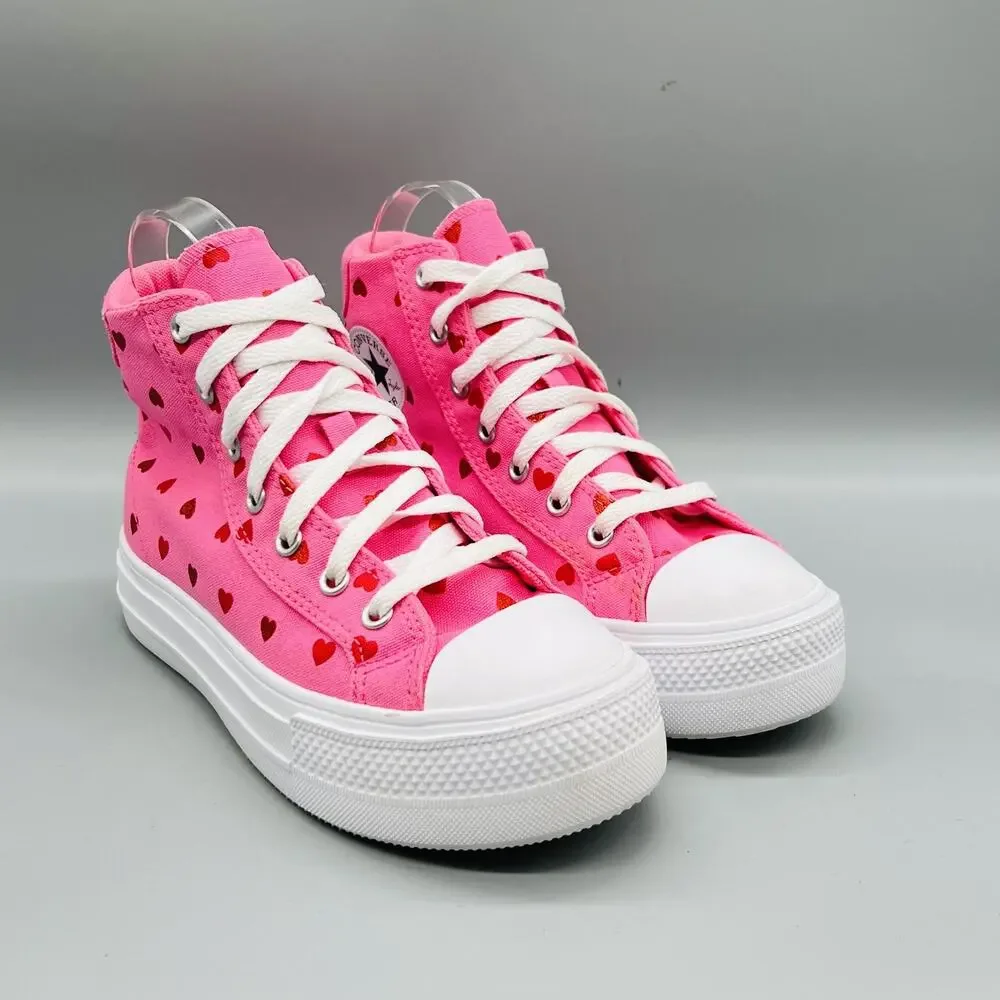 Converse Shoes Youth Girls 3 Pink Canvas Heart Print All Star High Top Sneakers